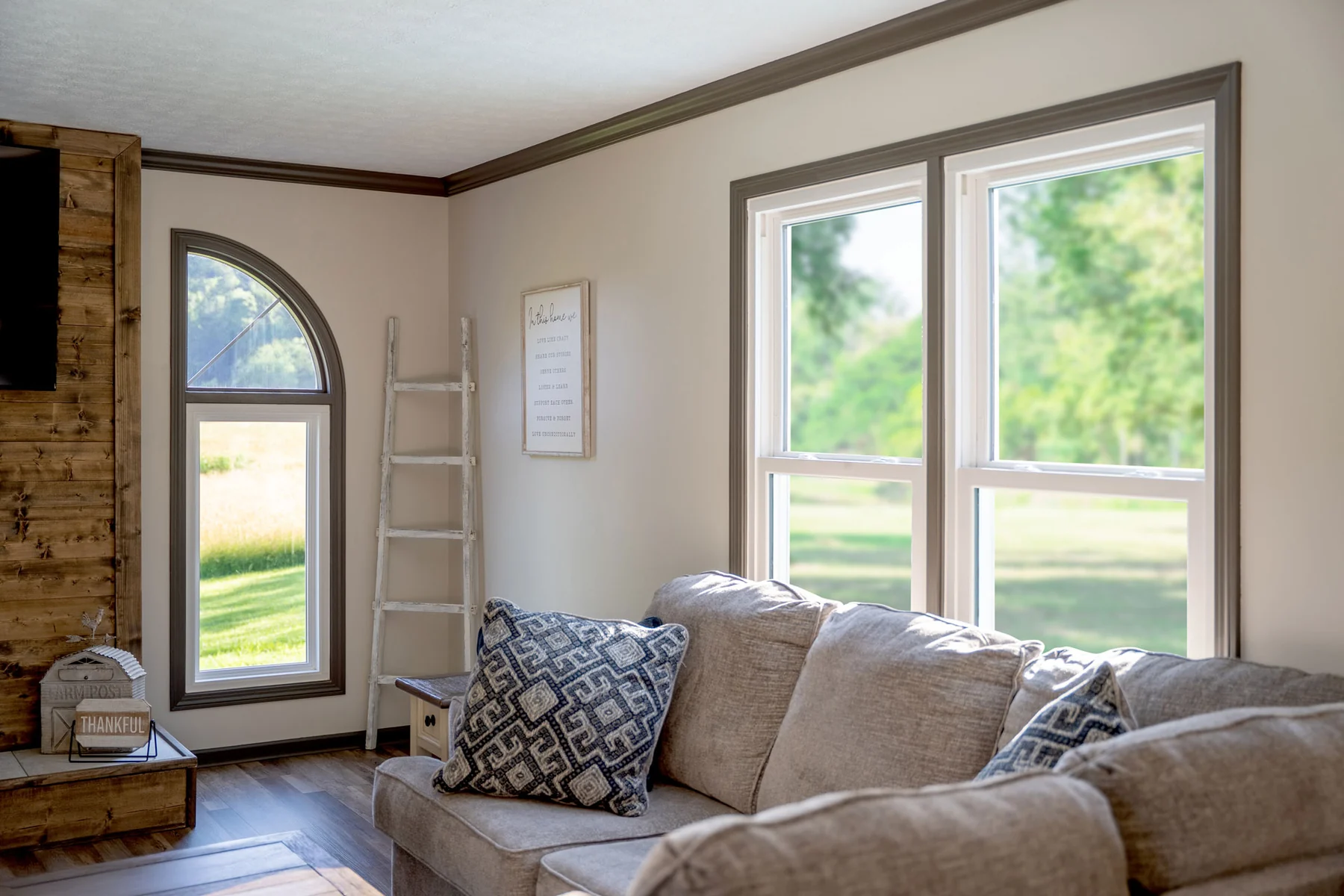 ProVia Endure white double hung windows in a living room
