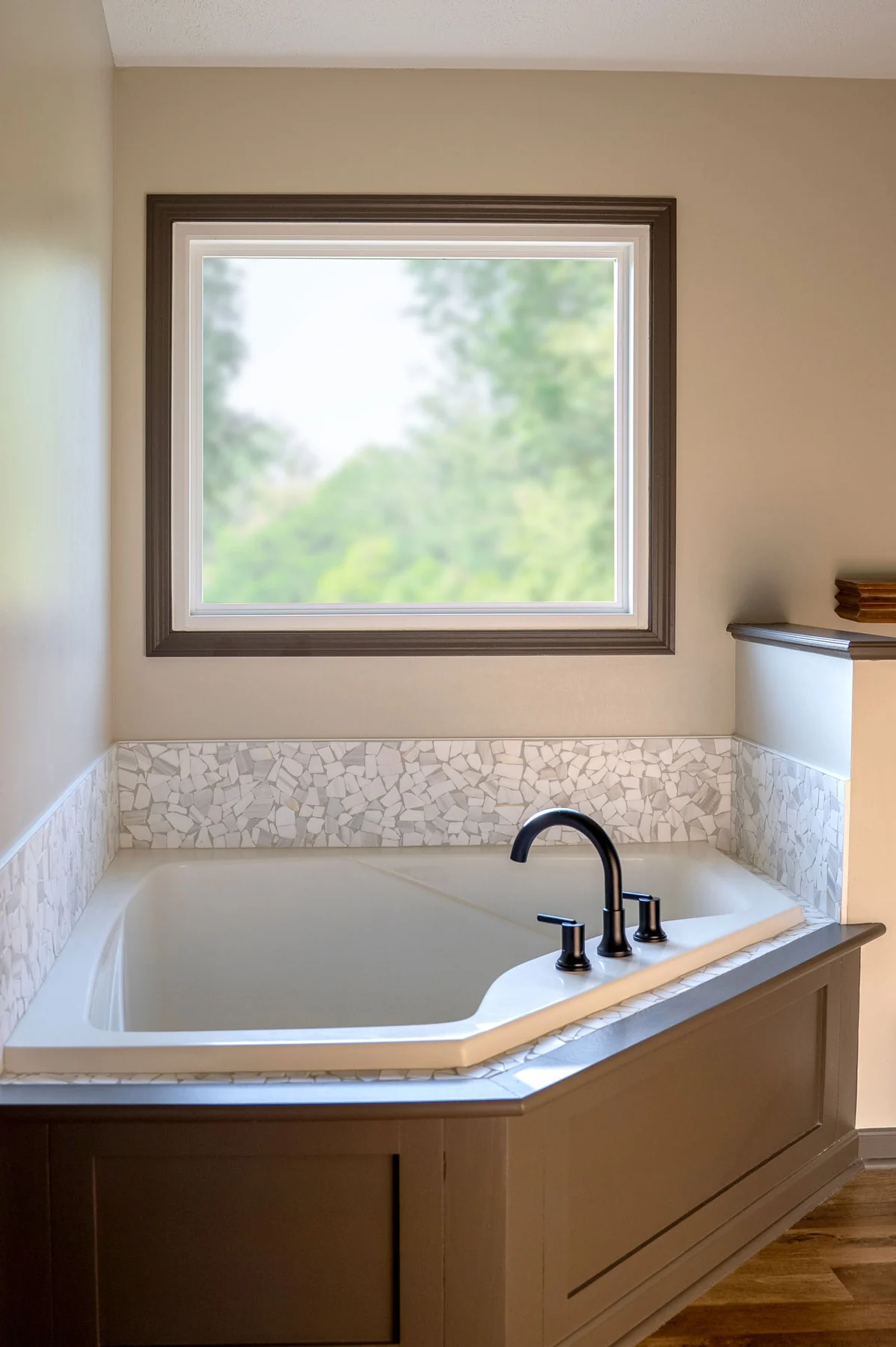 ProVia Endure white picture window above a tub