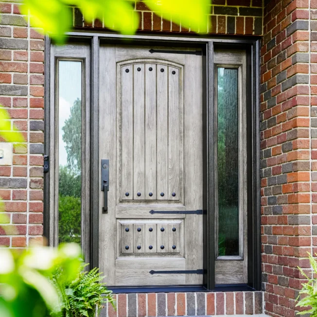 ProVia Signet cherry entry door with Waterfall privacy glass