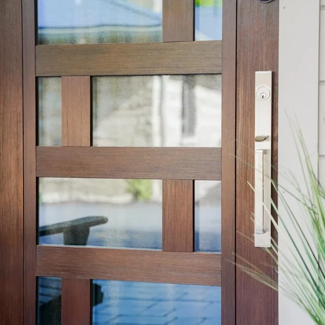 ProVia Signet fir entry door with truffle finish and privacy glass